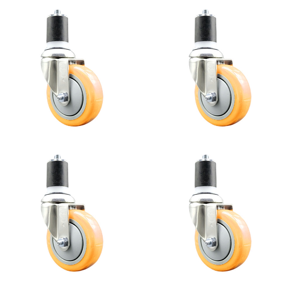 Polyurethane Swivel Stem Caster with 4 in. Yellow Caster Wheels, 1.87 in. Expanding Stems - 316 Stainless Steel Casters - Set of 4