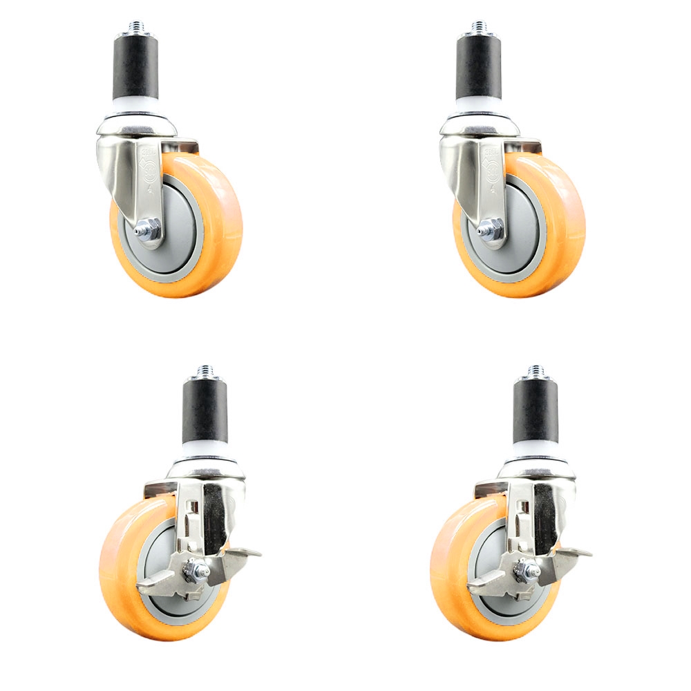 Polyurethane Swivel Stem Caster with 4 in. Yellow Caster Wheels, 1.5 in. Expanding Stems - 316 Stainless Steel Casters - Set of 4
