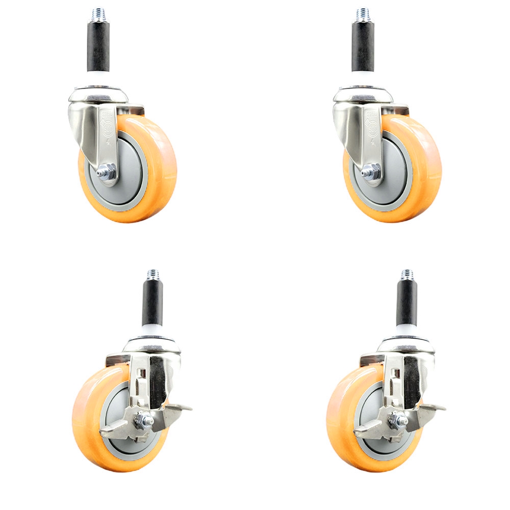 Polyurethane Swivel Stem Caster with 4 in. Yellow Caster Wheels, 0.75 in. Expanding Stems - 316 Stainless Steel Casters - Set of 4