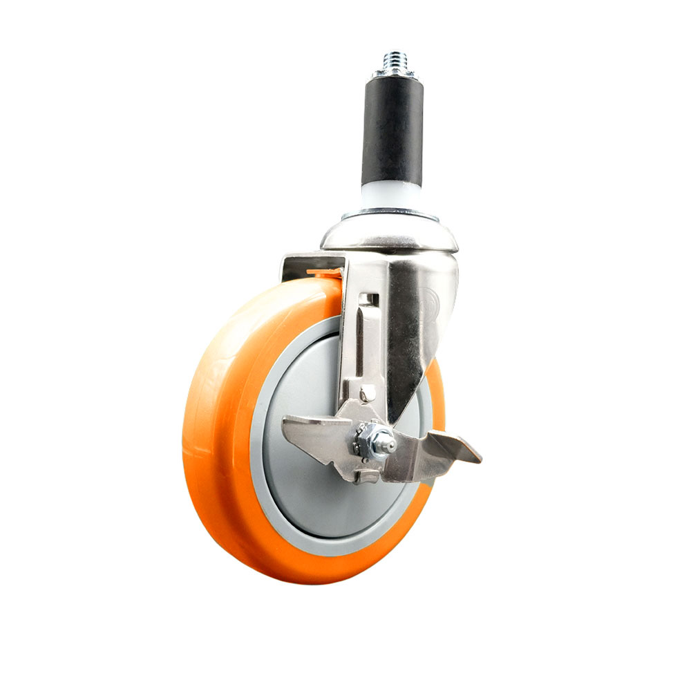 Polyurethane Swivel Stem Caster with 5 in. Orange Caster Wheels & Top Lock Brake, 1.25 in. Expanding Stem - 316 Stainless Steel Caster