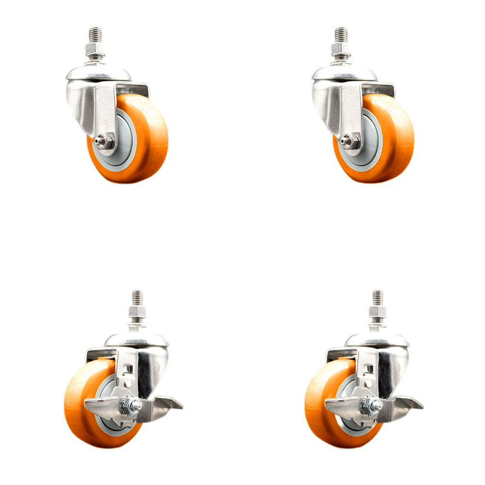 Poly Swivel Stem Caster with 3 in. Orange Caster Wheels, 12 mm Threaded Stems - 316 Stainless Steel Casters - Set of 4