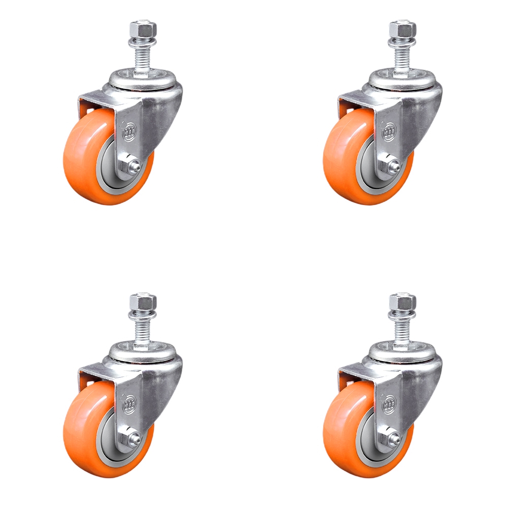 Polyurethane Swivel Stem Caster with 3 in. Orange Caster Wheels, 12 mm Threaded Stems - 316 Stainless Steel Casters - Set of 4
