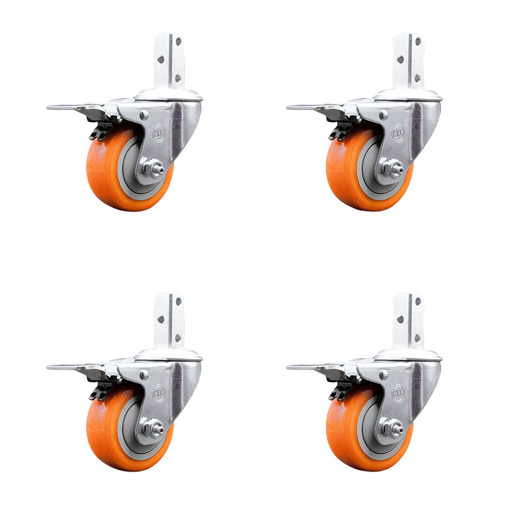 Swivel Square Stem Caster with 3.5 x 1.25 in. Orange Poly Wheel, 0.75 x 2 in. Square Stem with 3 0.26 in. Diameter Mounting Holes - Set of 4