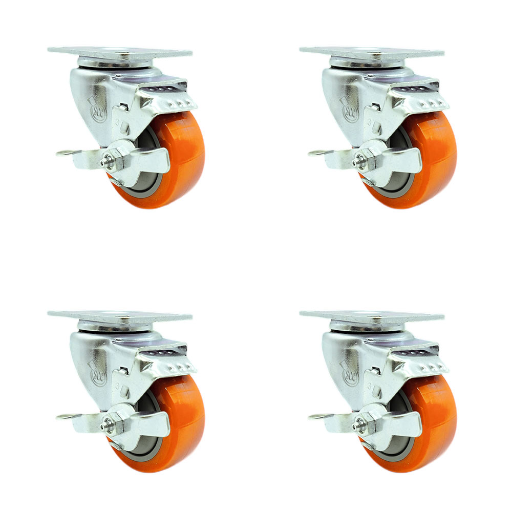 SCC-SS20S314-PPUB-ORG-TLB-4 Stainless Steel Polyurethane Swivel Top Plate Caster with 3 x 1.25 in. Orange Wheels - Set of 4