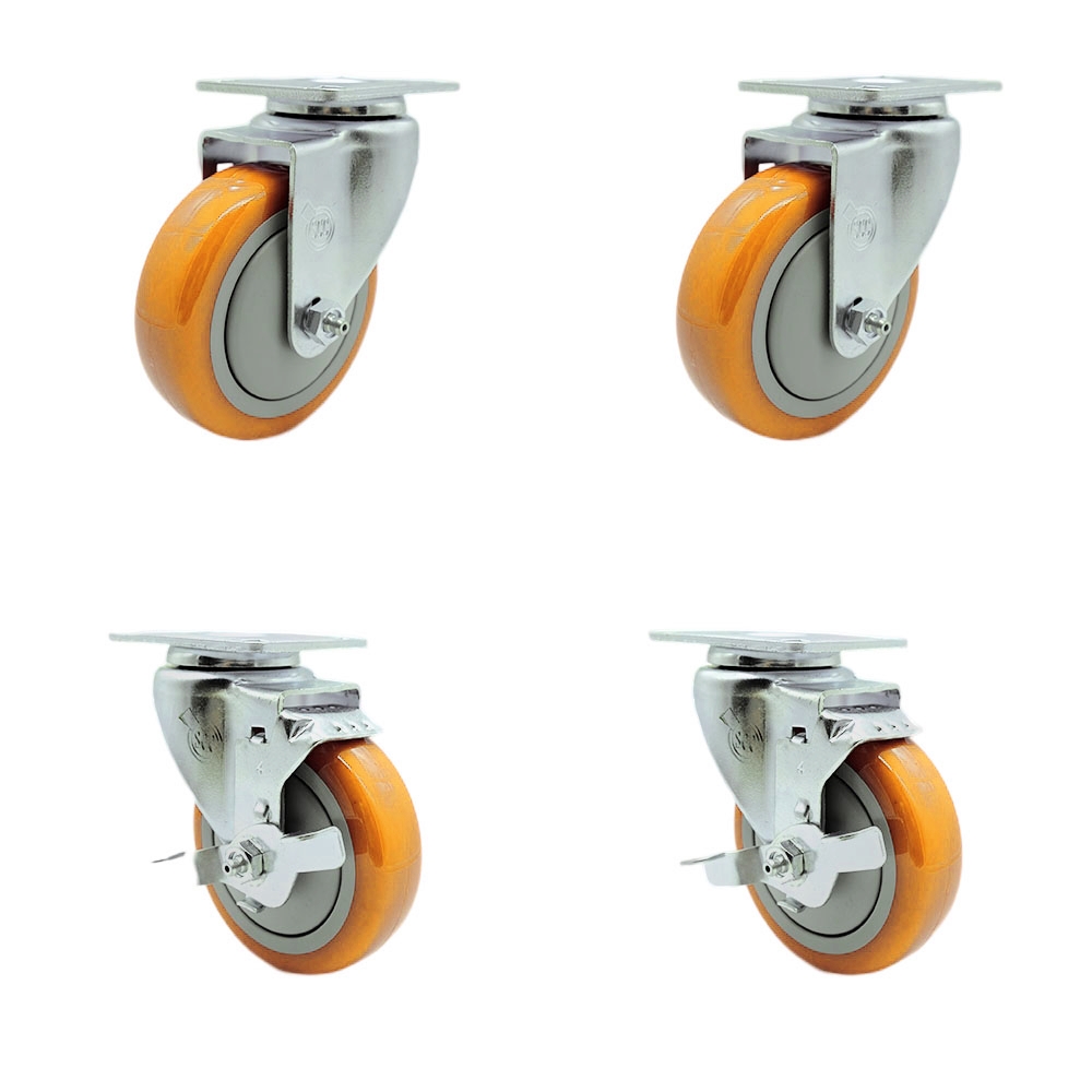 SCC-SS20S414-PPUB-YEL-2-TLB-2 Stainless Steel Polyurethane Swivel Top Plate Caster with 4 x 1.25 in. Yellow Wheels - Set of 4