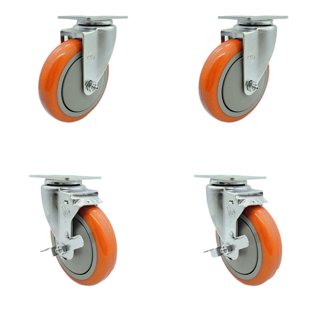 SCC-SS20S514-PPUB-ORG-2-TLB-2 Stainless Steel Polyurethane Swivel Top Plate Caster with 5 x 1.25 in. Orange Wheels - Set of 4