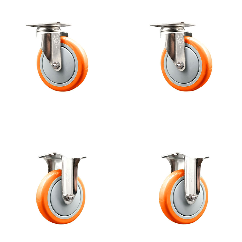 SCC-SS31620S514-PPUB-ORG-2-R-2 Polyurethane Swivel Top Plate Caster with 5 in. 316 Stainless Steel Orange Wheels - Set of 4