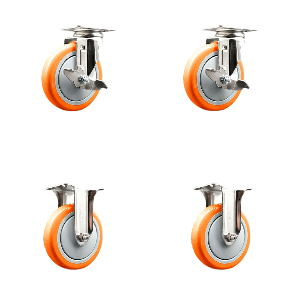 SCC-SS31620S514-PPUB-ORG-TLB-2-R-2 Polyurethane Swivel Top Plate Caster with 5 in. 316 Stainless Steel Orange Wheels - Set of 4