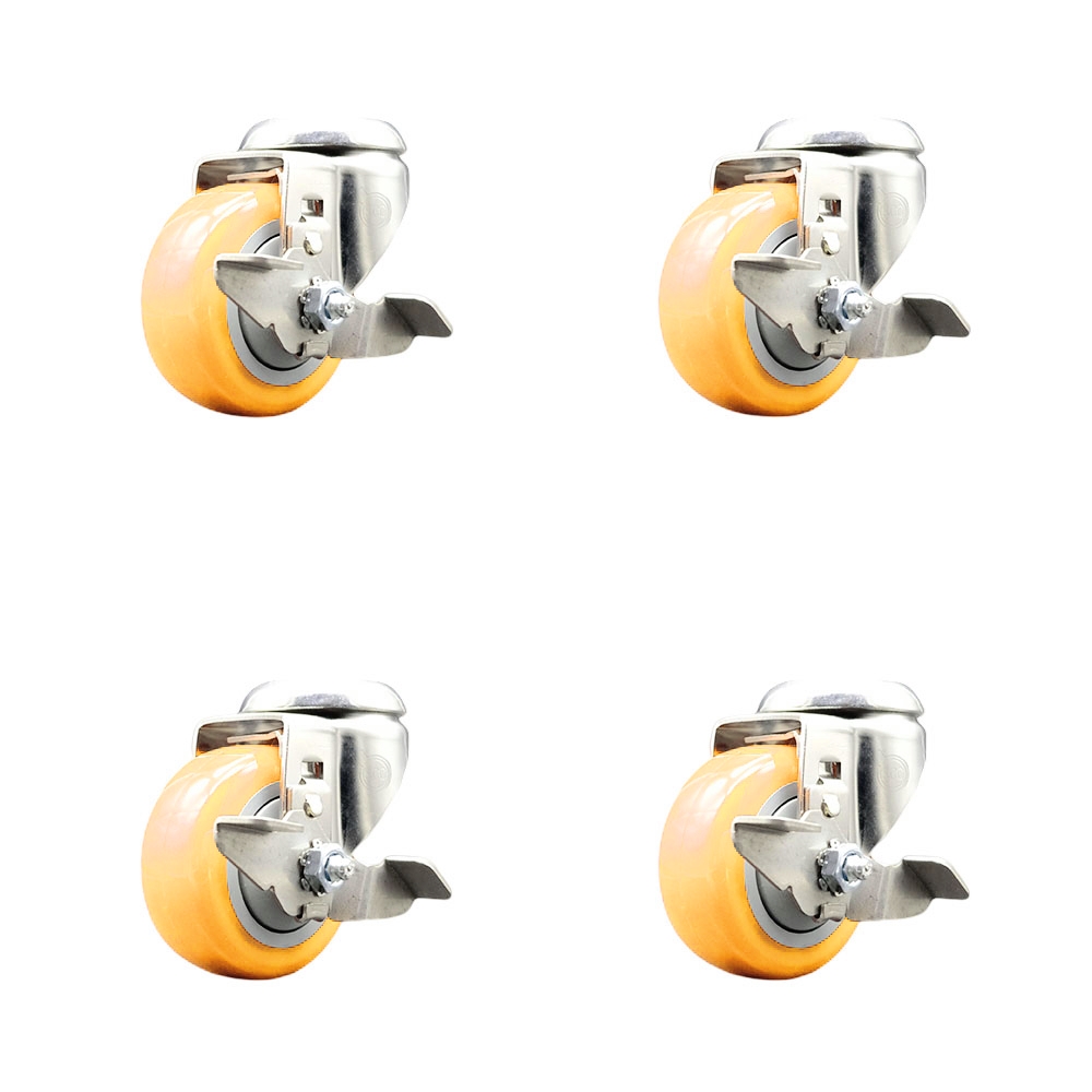 SCC-SS316BH20S314-PPUB-YEL-TLB-4 Polyurethane Swivel Bolt Hole Caster with 3 in. Yellow Caster Wheels - 316 Stainless Steel Casters - Set of 4