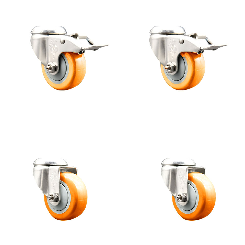 SCC-SS316BHTTL20S3514-PPUB-ORG-2-S-2 Polyurethane Swivel Bolt Hole Caster with 3.5 in. Orange Caster Wheels - 316 Stainless Steel Casters - Set of 4