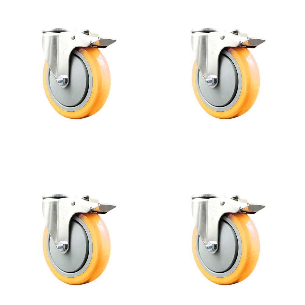 SCC-SS316BHTTL20S514-PPUB-YEL-4 Polyurethane Swivel Bolt Hole Caster with 5 in. Yellow Caster Wheels - 316 Stainless Steel Caster - Set of 4