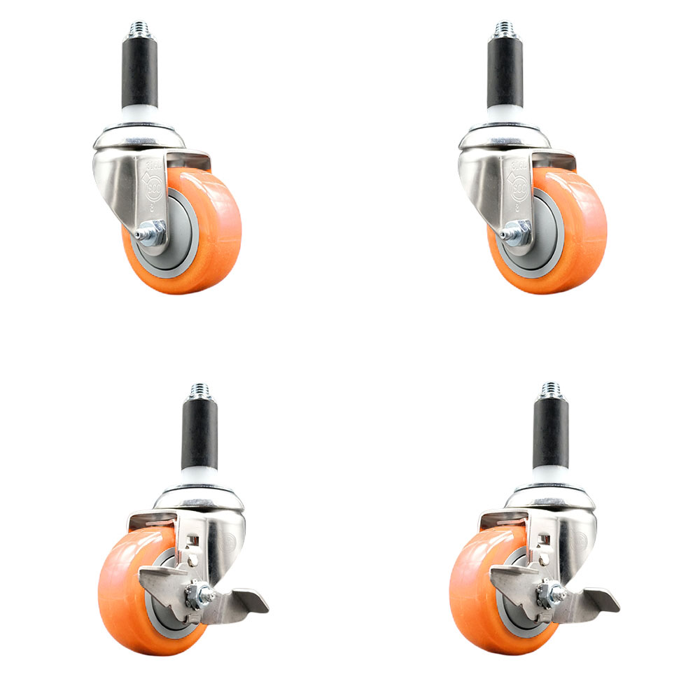 Polyurethane Swivel Stem Caster with 3 in. Orange Caster Wheels, 1 in. Expanding Stems - 316 Stainless Steel Casters - Set of 4