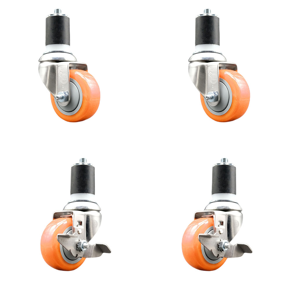 Polyurethane Swivel Stem Caster with 3 in. Orange Caster Wheels, 1.75 in. Expanding Stems - 316 Stainless Steel Casters - Set of 4