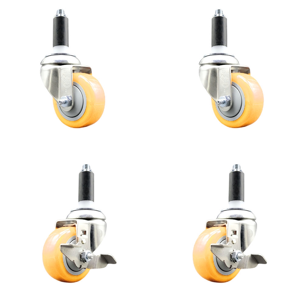 Polyurethane Swivel Stem Caster with 3 in. Yellow Caster Wheels, 1.13 in. Expanding Stems - 316 Stainless Steel Casters - Set of 4