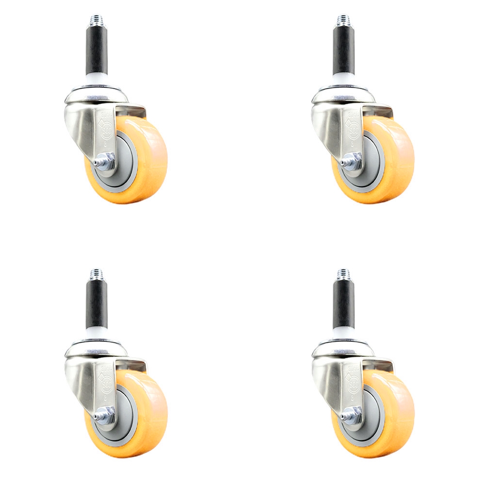 Polyurethane Swivel Stem Caster with 3 in. Yellow Caster Wheels, 0.87 in. Expanding Stems - 316 Stainless Steel Casters - Set of 4