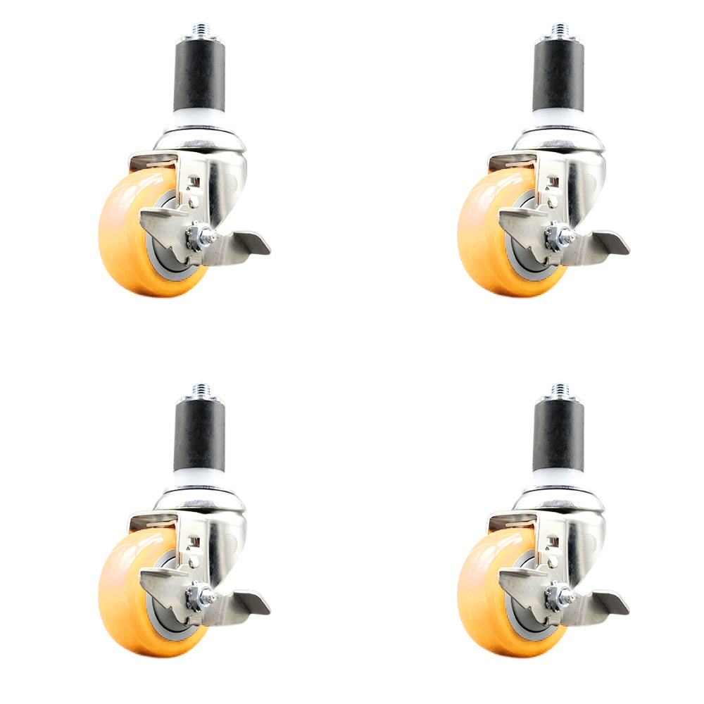 Polyurethane Swivel Stem Caster with 3 in. Yellow Caster Wheels, 1.5 in. Expanding Stems - 316 Stainless Steel Casters - Set of 4