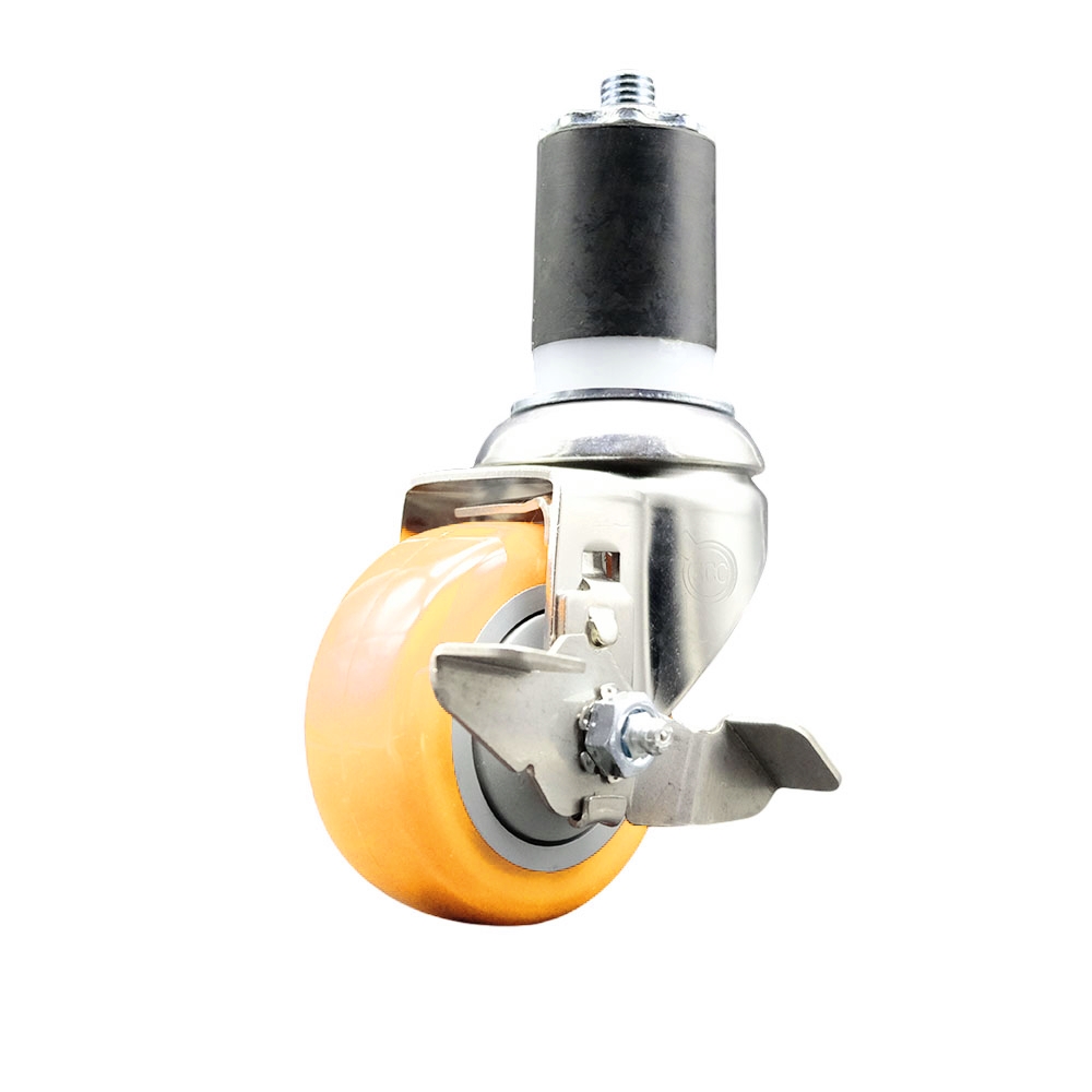 Polyurethane Swivel Stem Caster with 3 in. Yellow Caster Wheels & Top Lock Brake, 1.75 in. Expanding Stem - 316 Stainless Steel Caster