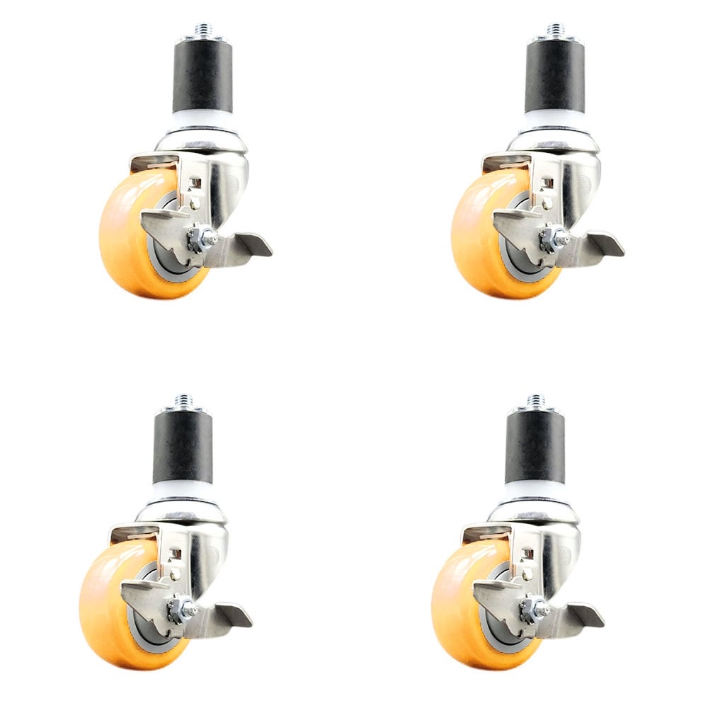 Polyurethane Swivel Stem Caster with 3 in. Yellow Caster Wheels, 1.87 in. Expanding Stems - 316 Stainless Steel Casters - Set of 4