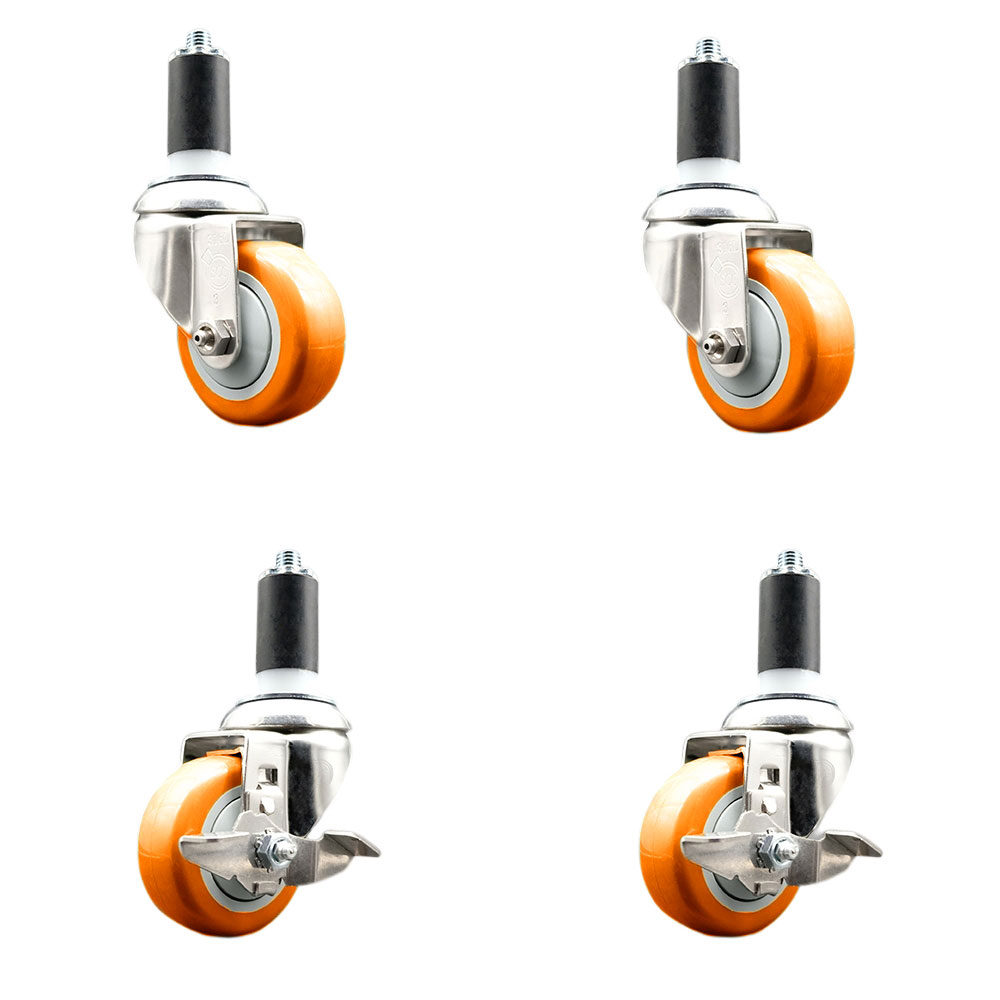 Polyurethane Swivel Stem Caster with 3.5 in. Orange Caster Wheels, 1.25 in. Expanding Stem - 316 Stainless Steel Casters - Set of 4