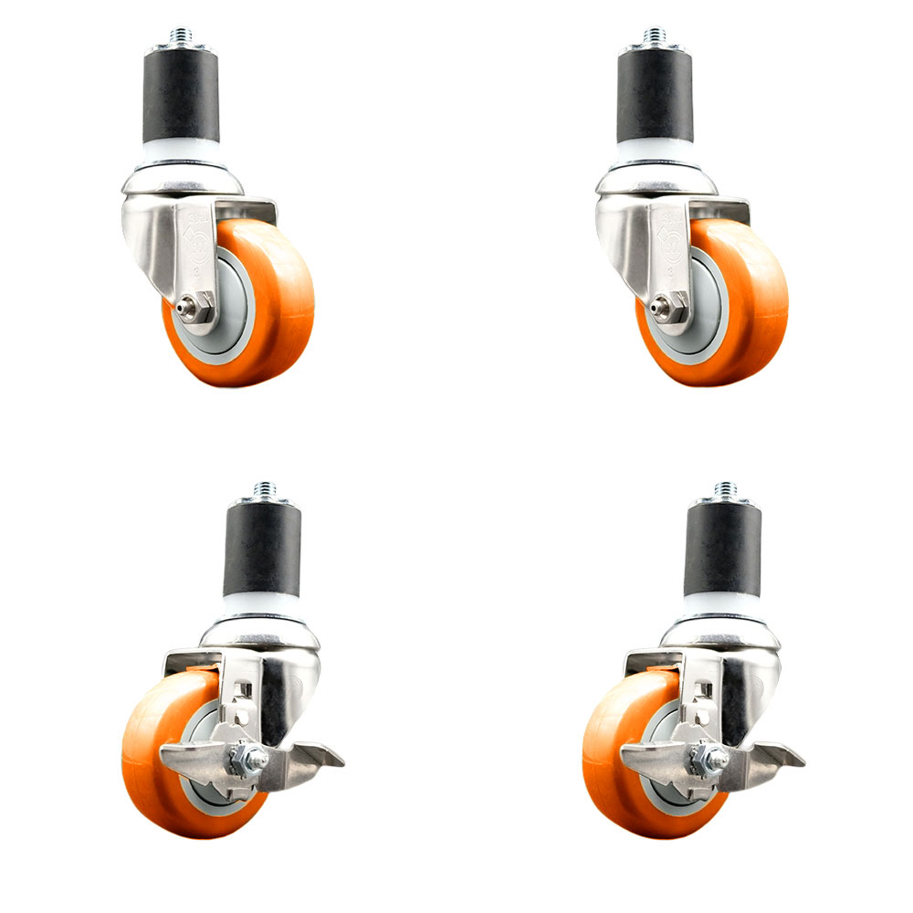 Polyurethane Swivel Stem Caster with 3.5 in. Orange Caster Wheels, 1.75 in. Expanding Stem - 316 Stainless Steel Casters - Set of 4