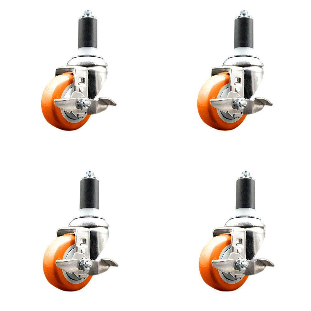 Polyurethane Swivel Stem Caster with 3.5 in. Orange Caster Wheels, 1.25 in. Expanding Stems - 316 Stainless Steel Casters - Set of 4