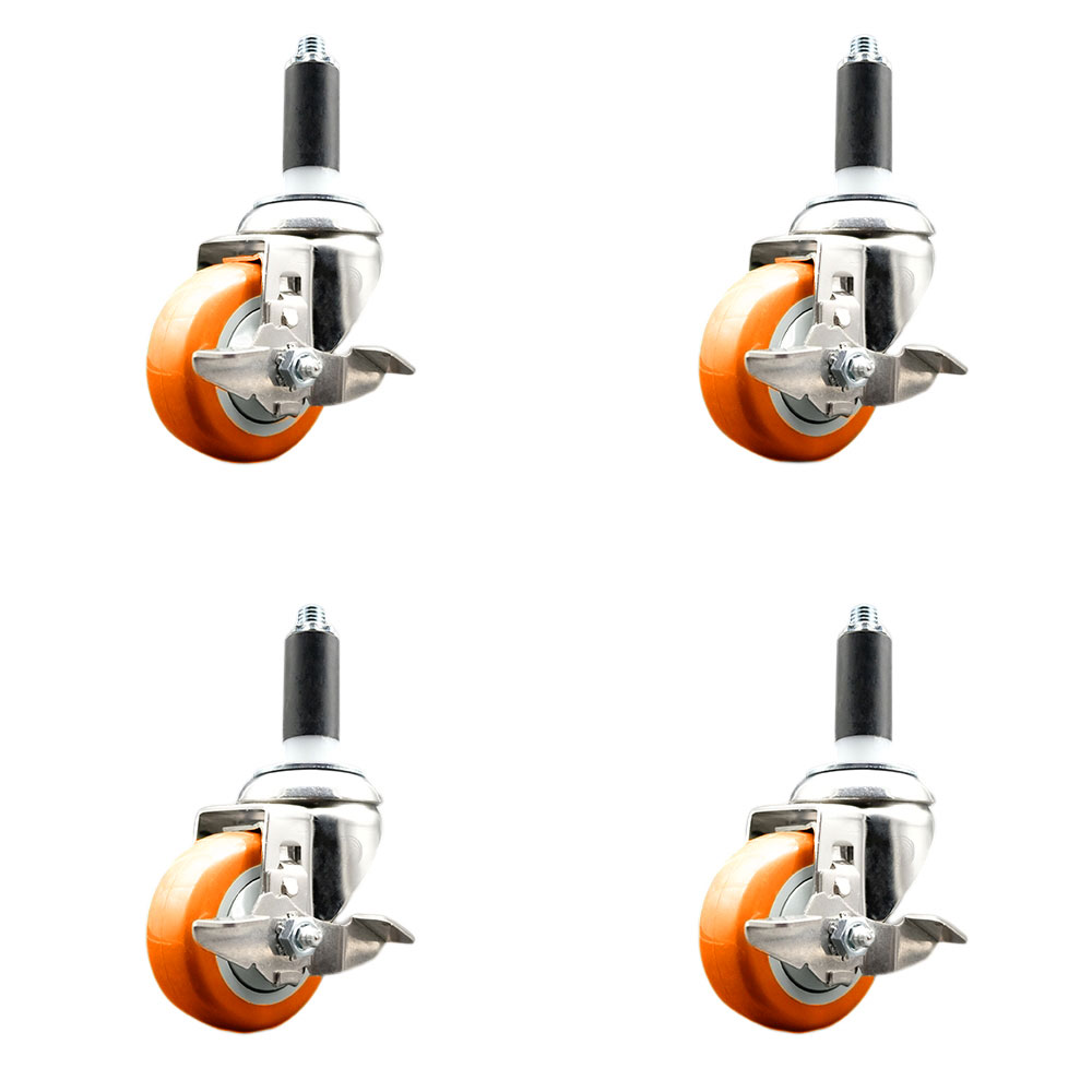 Polyurethane Swivel Stem Caster with 3.5 in. Orange Caster Wheels, 1 in. Expanding Stems - 316 Stainless Steel Casters - Set of 4