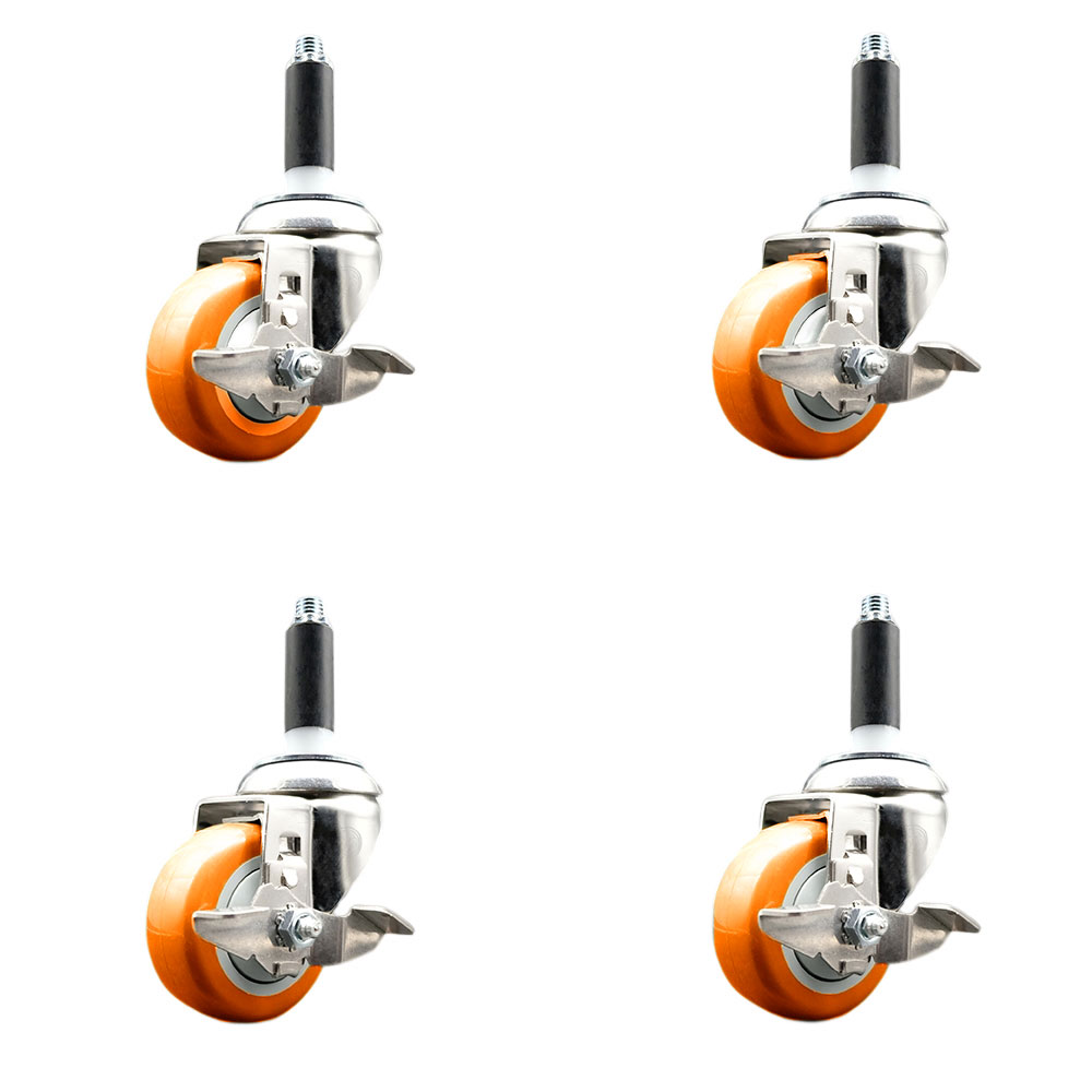 Polyurethane Swivel Stem Caster with 3.5 in. Orange Caster Wheels, 0.87 in. Expanding Stems - 316 Stainless Steel Casters - Set of 4