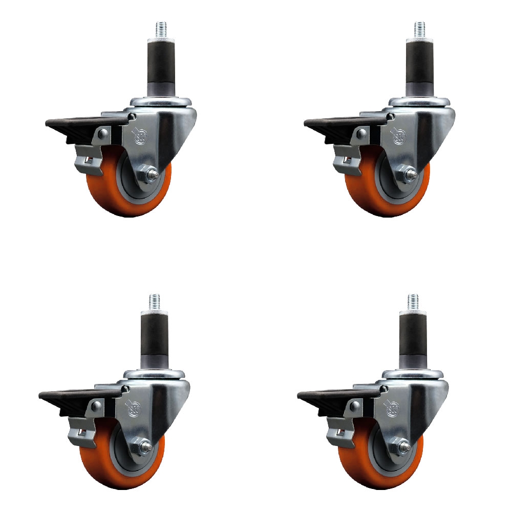 SCC-EX20S314-PPUB-ORG-PLB-114-4 Polyurethane Swivel Expanding Stem Caster with 3 in. Orange Wheels & 1.25 in. Stems - Set of 4
