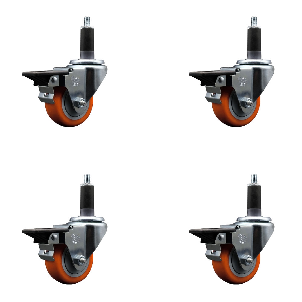 SCC-EX20S314-PPUB-ORG-PLB-118-4 Polyurethane Swivel Expanding Stem Caster with 3 in. Orange Wheels & 1.13 in. Stems - Set of 4