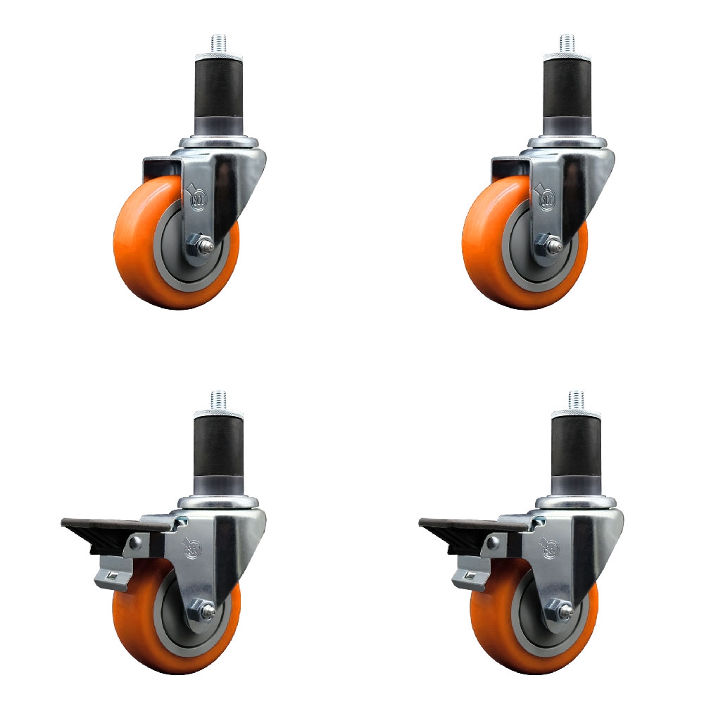 SCC-EX20S3514-PPUB-ORG-2-PLB-2-158 Polyurethane Swivel Expanding Stem Caster with 3.5 in. Orange Wheels & 1.63 in. Stems - Set of 4
