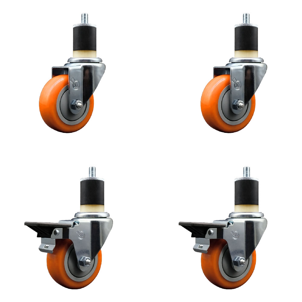 SCC-EX20S3514-PPUB-ORG-2-PLB-2-178 Polyurethane Swivel Expanding Stem Caster with 3.5 in. Orange Wheels & 1.87 in. Stems - Set of 4