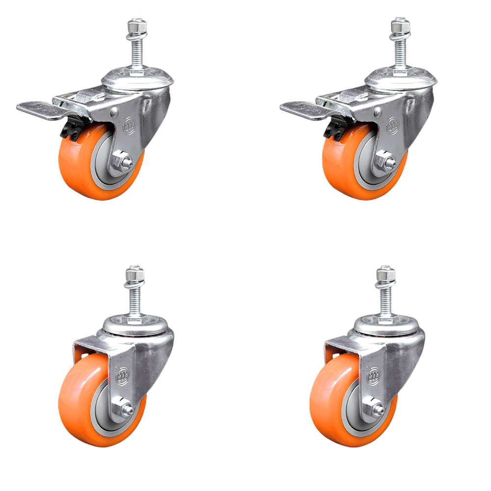 Stainless Steel Polyurethane Swivel Threaded Stem Caster with 3 x 1.25 in. Orange Wheels & 0.38 in. Stems - Set of 4