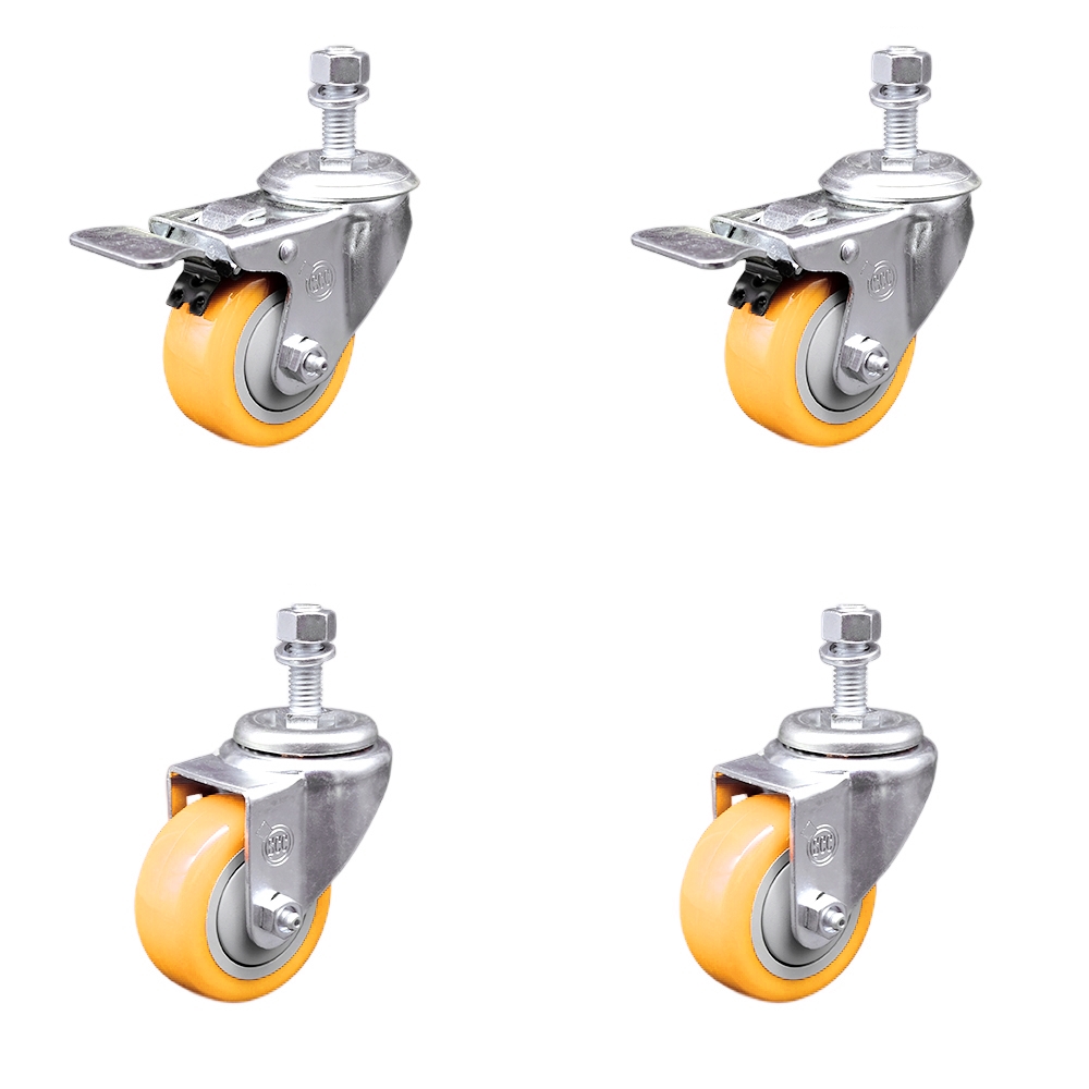 Stainless Steel Polyurethane Swivel Threaded Stem Caster with 3 x 1.25 in. Yellow Wheels & 12 mm Stems - Set of 4