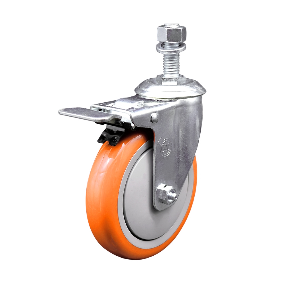 Stainless Steel Polyurethane Swivel Threaded Stem Caster with 5 x 1.25 in. Orange Wheel & 0.5 in. Stem & Total Locking Brake