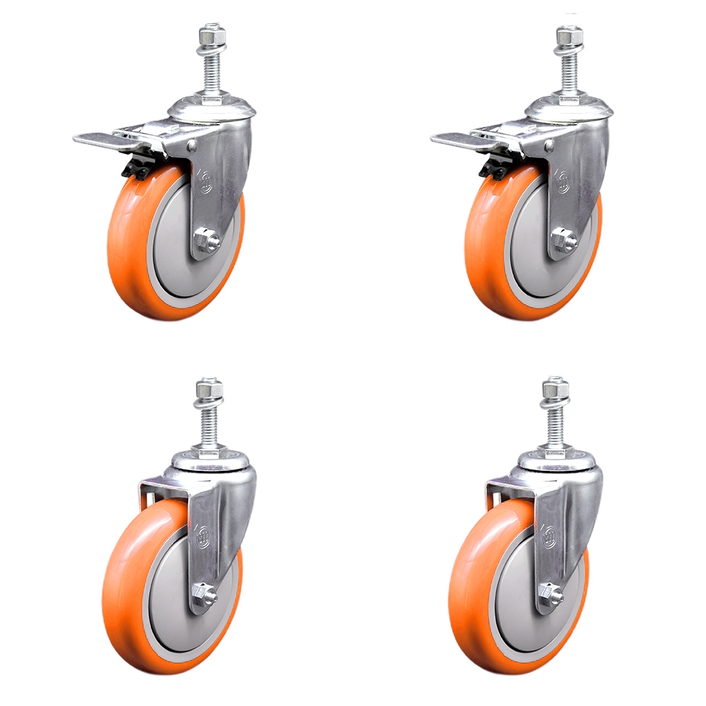 Stainless Steel Polyurethane Swivel Threaded Stem Caster with 5 x 1.25 in. Orange Wheels & 0.38 in. Stems - Set of 4
