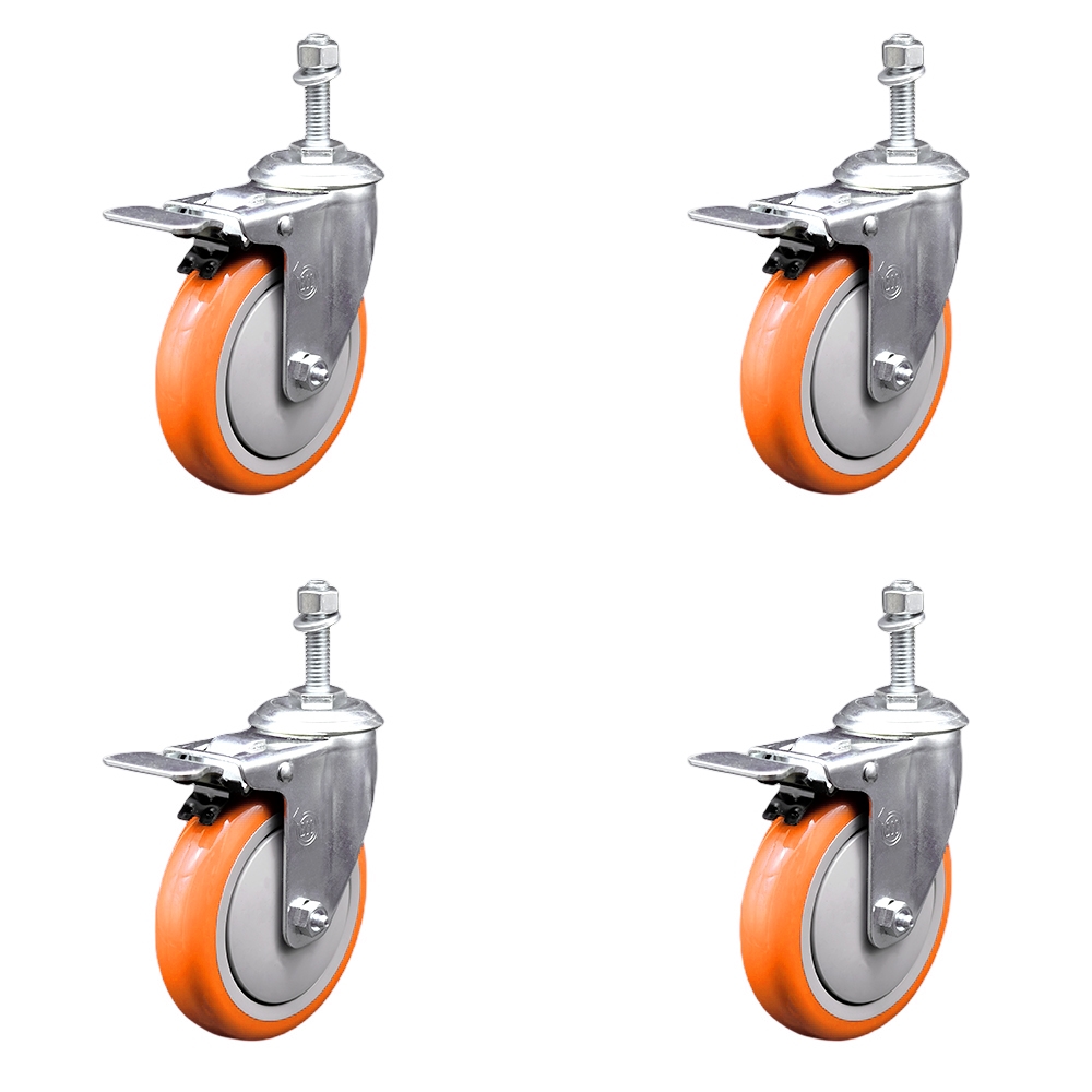 SCC-SSTSTTL20S514-PPUB-ORG-M1015-4 Stainless Steel Polyurethane Swivel Threaded Stem Caster with 5 x 1.25 in. Orange Wheels & 10 mm Stems - Set of 4