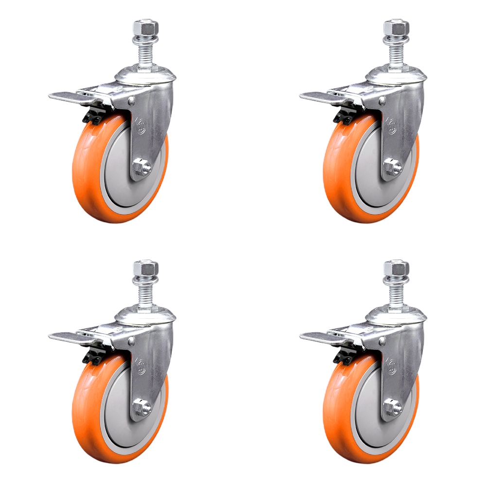 SCC-SSTSTTL20S514-PPUB-ORG-M1215-4 Stainless Steel Polyurethane Swivel Threaded Stem Caster with 5 x 1.25 in. Orange Wheels & 12 mm Stems - Set of 4