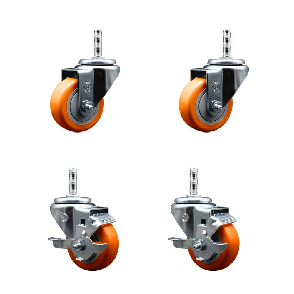 SCC-TS20S314-PPUB-ORG-34212-2-TLB-2 Polyurethane Swivel Threaded Stem Caster with 3 x 1.25 in. Orange Wheels & 0.75 in. Stems - Set of 4
