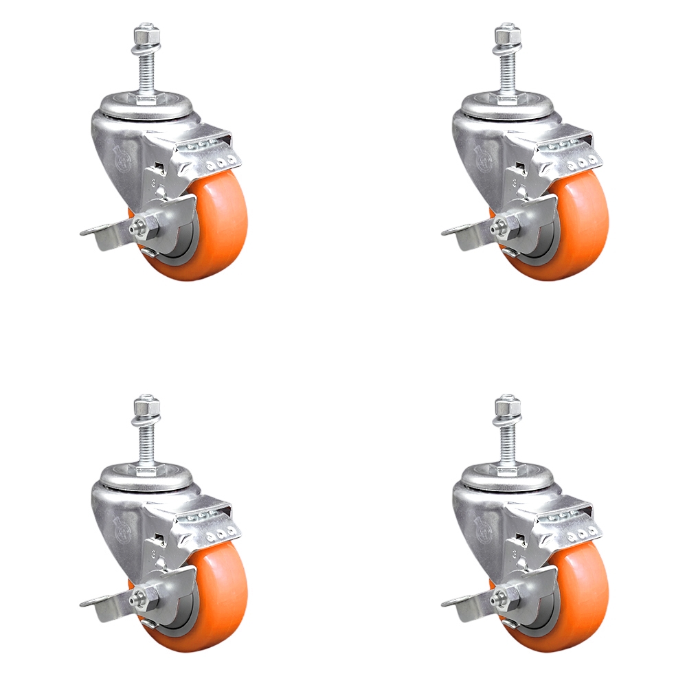 SCC-TS20S314-PPUB-ORG-TLB-381615-4 Polyurethane Swivel Threaded Stem Caster with 3 x 1.25 in. Orange Wheels & 0.38 in. Stems - Set of 4