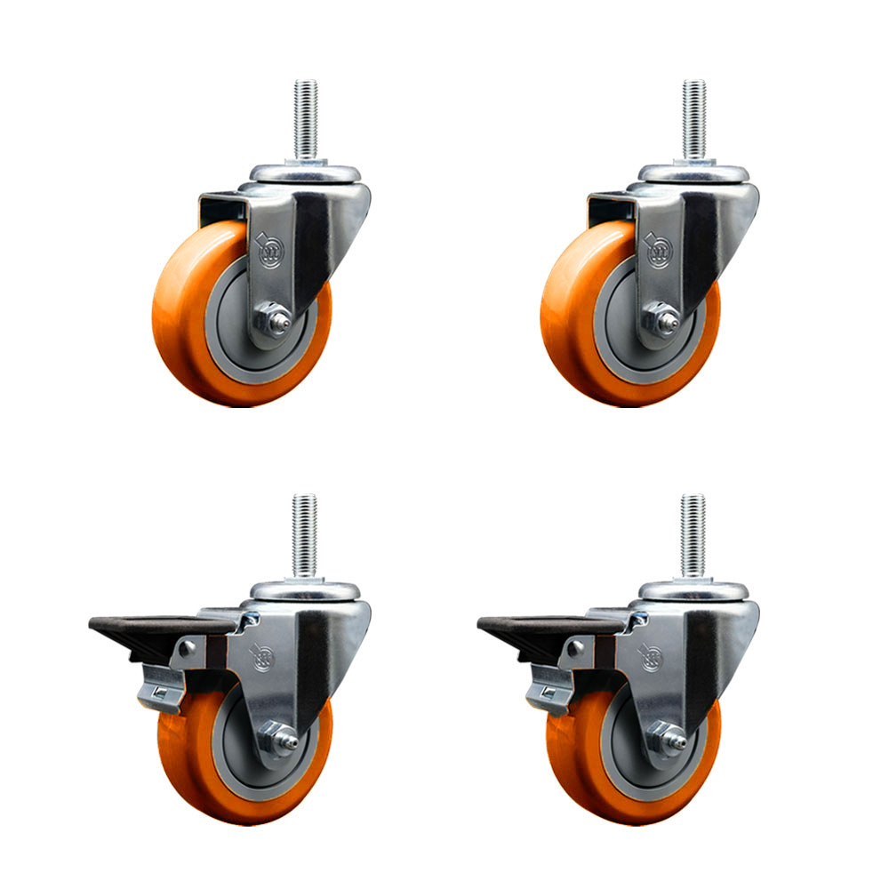 SCC-TS20S3514-PPUB-ORG-58212-2-PLB-2 Polyurethane Swivel Threaded Stem Caster with 3.5 x 1.25 in. Orange Wheels & 0.63 in. Stems - Set of 4