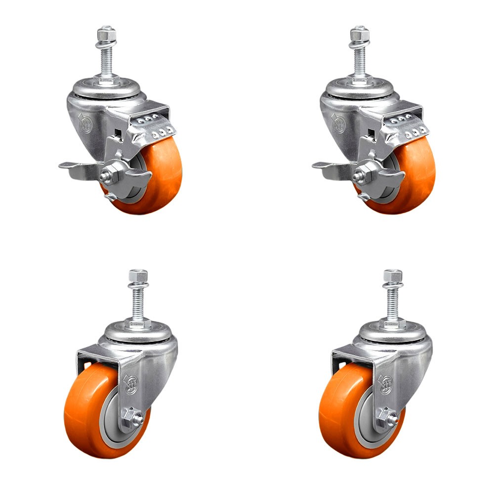 SCC-TS20S3514-PPUBORG-TLB-M1015-2-S2 Polyurethane Swivel Threaded Stem Caster with 3.5 x 1.25 in. Orange Wheels & 10 mm Stems - Set of 4