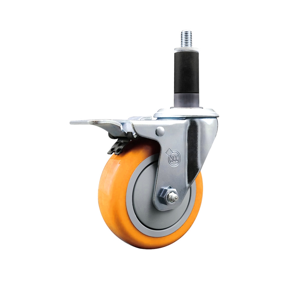 Stainless Steel Polyurethane Expanding Stem Swivel Caster with 4 in. Yellow Wheel & 1.13 in. Stem & Total Locking Brake