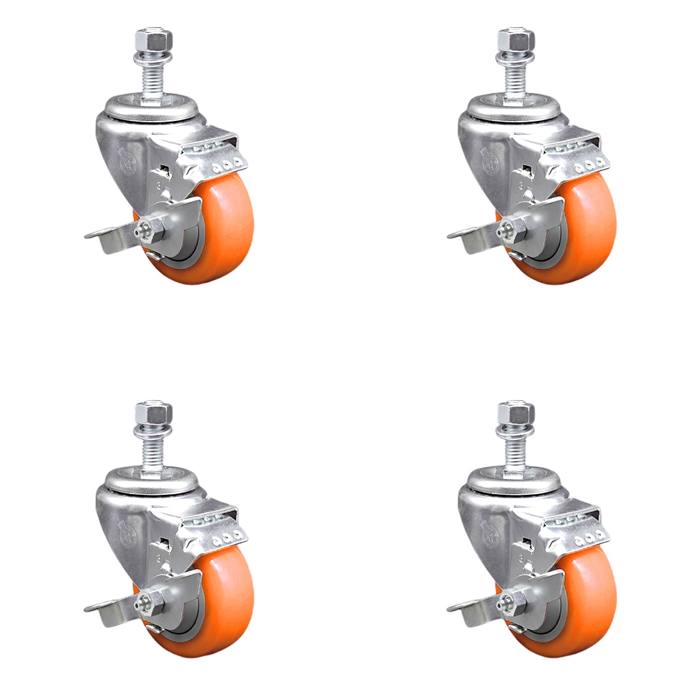 Stainless Steel Polyurethane Swivel Threaded Stem Caster with 3.5 x 1.25 in. Orange Wheels & 12 mm Stems - Set of 4