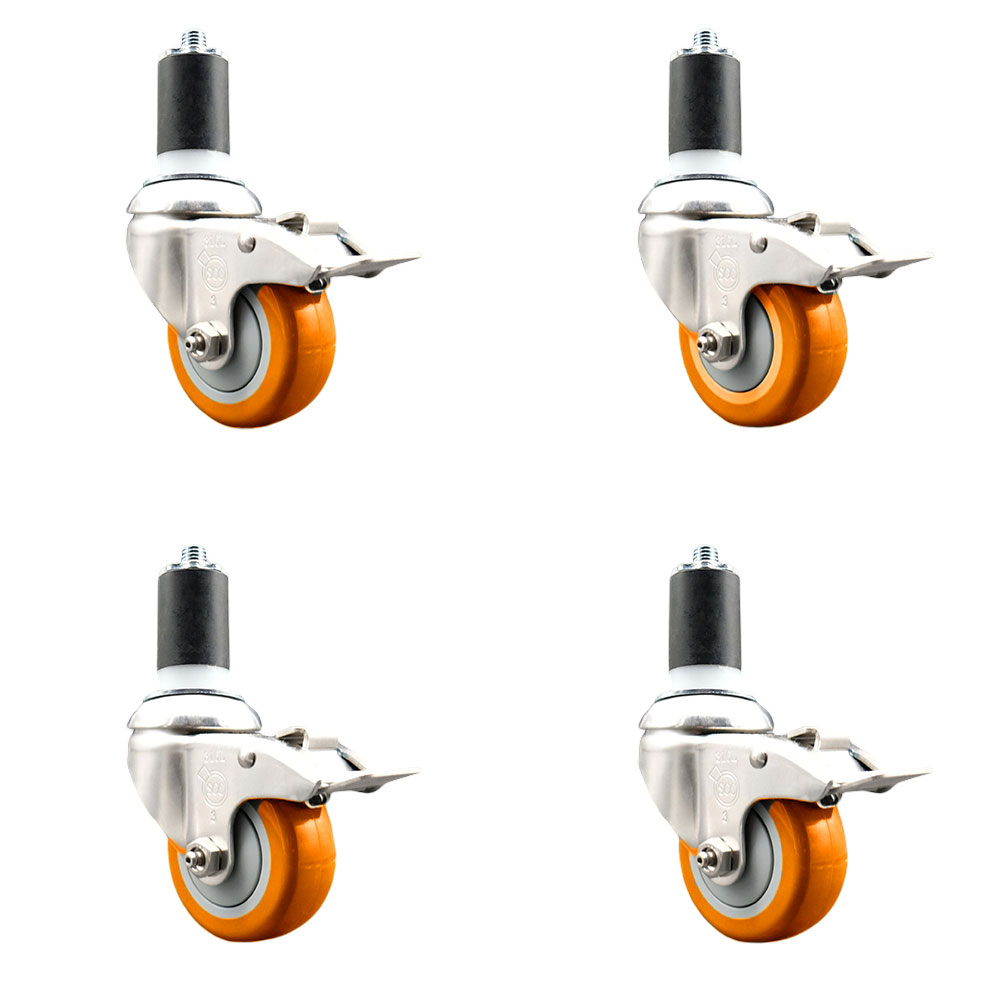 Polyurethane Swivel Stem Caster with 3.5 in. Orange Caster Wheels, 1.5 in. Expanding Stems - 316 Stainless Steel Casters - Set of 4