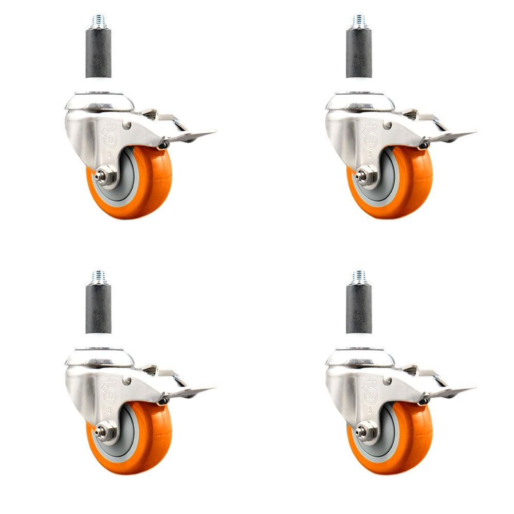 Polyurethane Swivel Stem Caster with 3.5 in. Orange Caster Wheels, 1.13 in. Expanding Stems - 316 Stainless Steel Casters - Set of 4