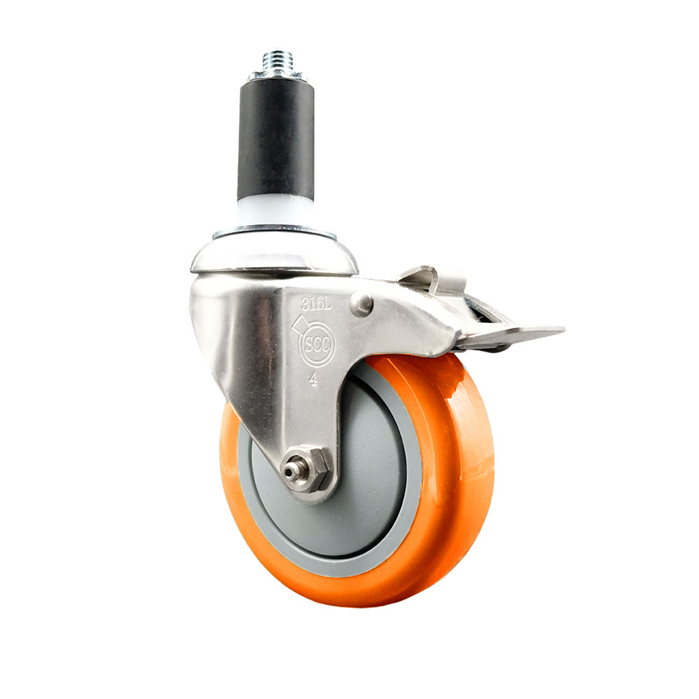 Polyurethane Swivel Stem Caster with 4 in. Orange Caster Wheels & Total Lock Brake, 1.38 in. Expanding Stem - 316 Stainless Steel Caster