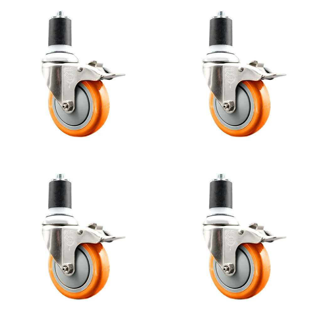 Polyurethane Swivel Stem Caster with 4 in. Orange Caster Wheels, 1.87 in. Expanding Stems - 316 Stainless Steel Casters - Set of 4