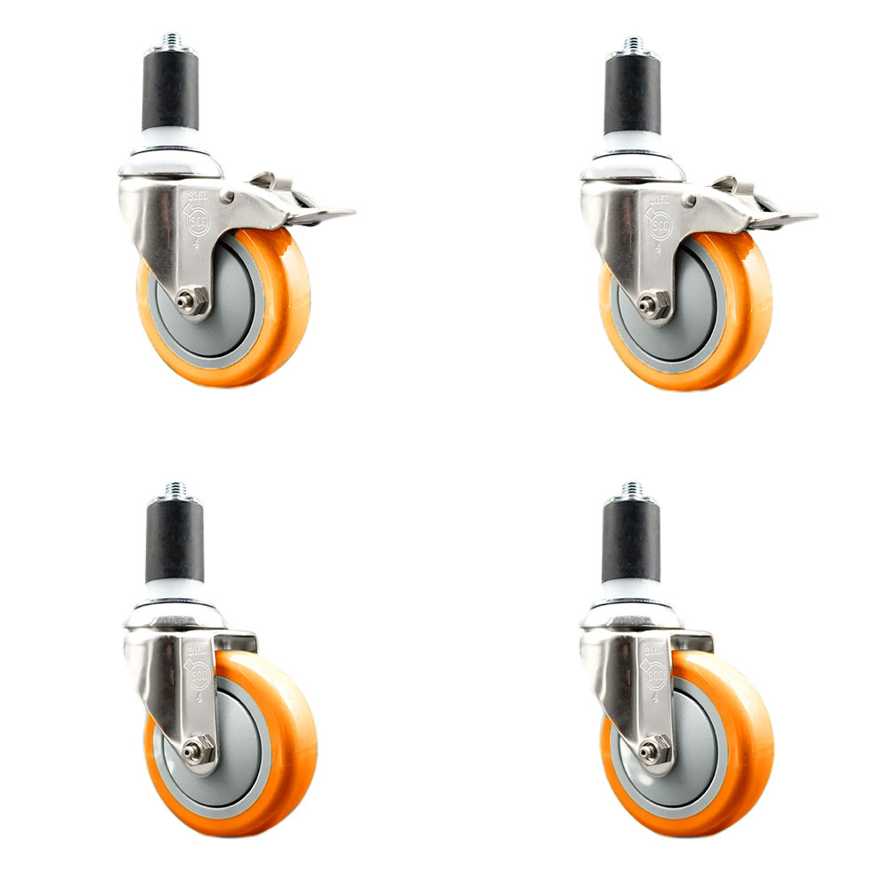 Polyurethane Swivel Stem Caster with 4 in. Orange Caster Wheels, 1.5 in. Expanding Stem - 316 Stainless Steel Casters - Set of 4
