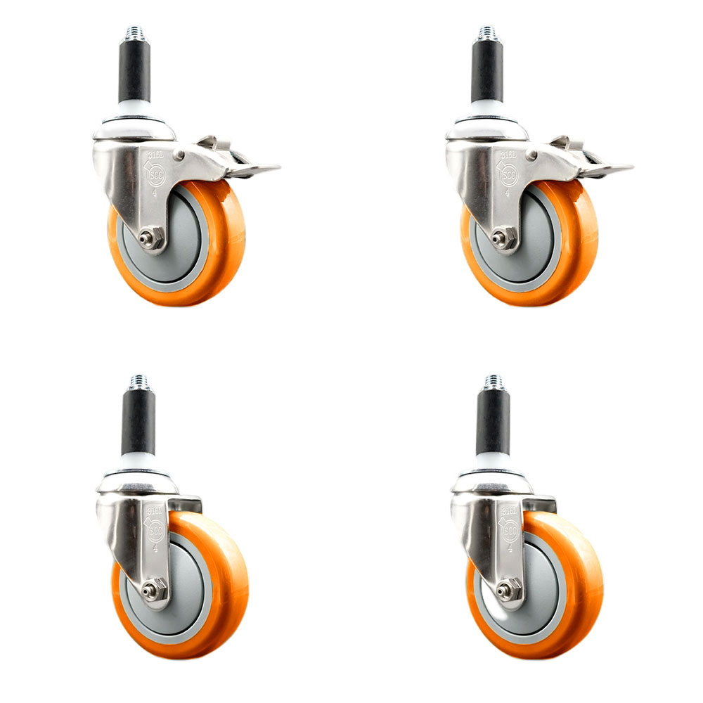 Polyurethane Swivel Stem Caster with 4 in. Orange Caster Wheels, 1.13 in. Expanding Stem - 316 Stainless Steel Casters - Set of 4