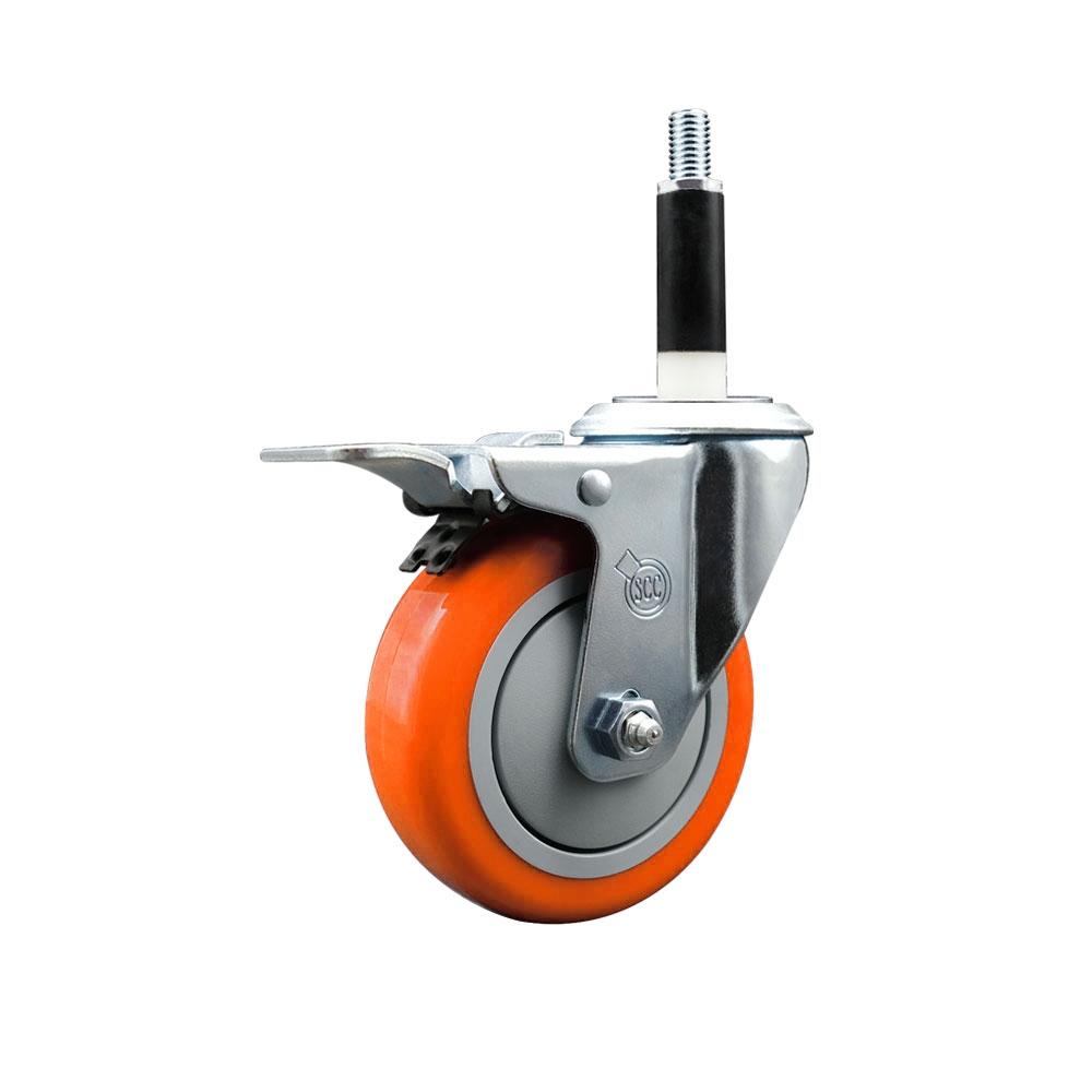 Polyurethane Swivel Stem Caster with 4 in. Orange Caster Wheels & Total Lock Brake, 0.87 in. Expanding Stem - 316 Stainless Steel Caster